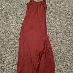 slim copper midi satin dress with slit
